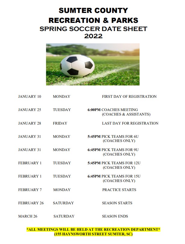 Jan 7 2022 Spring Soccer Date Sheet 